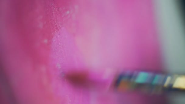 Close-up: pintura com um pincel e tintas em um tecido de ganga . — Vídeo de Stock