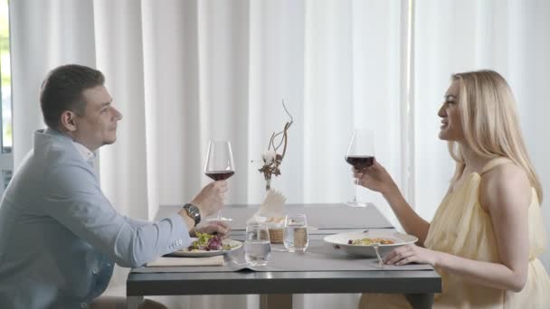 Man en vrouw hebben een diner in een restaurant, vrouw zegt een toast. — Stockvideo