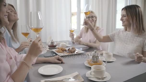 Компанія друзів зустрілася в кафе: підняти тост, чорнильні окуляри . — стокове відео