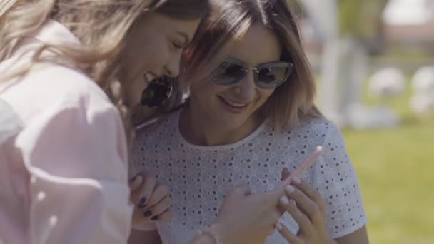 Stylish and modern friends walk in the park and rejoice: smartphone — Stock Video