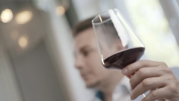 Un homme d'affaires en costume tient un verre avec du vin rouge et le boit . — Video