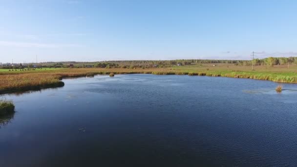 Surface du lac : eau, entourée d'herbe, une journée ensoleillée. Aérien 