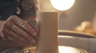 Potter özel bir araç tutar ve gelecekteki kil eşya yüzeyine hizalar