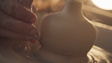 Kil potters tekerlek üzerinde çalışma el yakın çekim.
