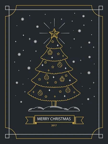 快乐圣诞横幅在轮廓直线样式。圣诞贺卡。与简单的黄金大纲样式圣诞树圣诞明信片. — 图库矢量图片