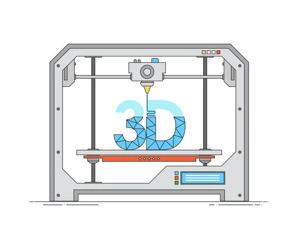 Icono lineal delgado moderno de la impresora 3D. El proceso de impresión en la impresora 3D. Tecnología moderna impresión 3D en estilo plano de contorno. Ilustración vectorial para sitio web o infografías . — Vector de stock