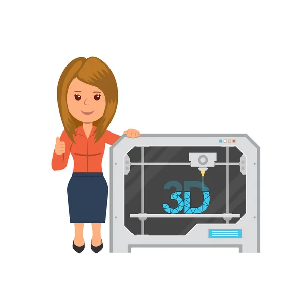 Изолированная женщина с тремя D принтерами. Процесс печати на 3D принтере. Современные технологии 3D печати в плоском стиле. Векторная иллюстрация для сайта или инфографики . — стоковый вектор