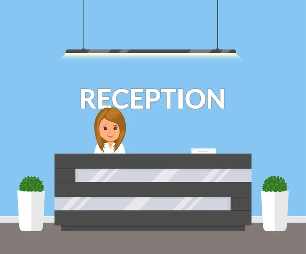 Modern ofis resepsiyonda. İş ofis, klinik veya otel çiçekler ve Resepsiyon ile mavi renklerde iç. İç lobi veya bekleme odası binanın içinde. Düz stil vektör çizim.