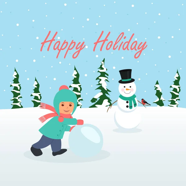 Child play snowball outdoor and building snowman. Winter Holiday. — Stock Vector