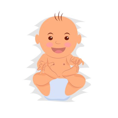 Oynak bebek bebek bezi giyiyor. Beyaz arka plan üzerinde izole yürümeye başlayan çocuk. Çizgi film bebek portre üstten görünüm. Raster Kopyala