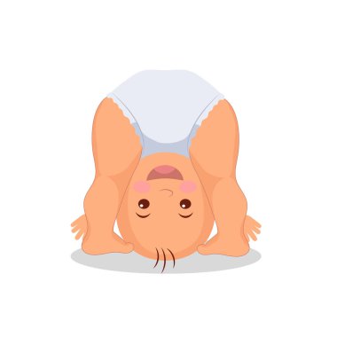 Ayakta kafasına oynayan bebek. Baş aşağı oynayan küçük çocuk. İzole bebek beyaz arka plan üzerinde. Raster Kopyala