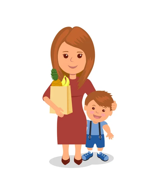 Moeder en zoon met een zak boodschappen. Cartoon tekens mensen geïsoleerd op de witte achtergrond. Moeder en kind. Kopie van raster. — Stockfoto