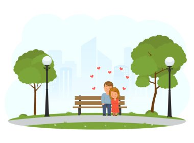 Erkek ve kız bir bankta oturan sarılma. Bankta oturan ve sarılma bir çift. Park romantik günde. Sevgililer günü için konsept tasarımı. Düz stil vektör çizim.
