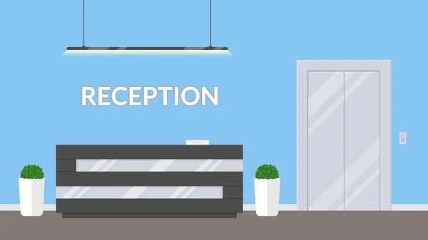 Reception in modern office. Business office, clinic or hotel interior in blue colors with elevator and reception desk . Interior lobby or waiting room inside building. — Stock Illustration Reception in modern office. Business office, clinic or hotel interior in blue colors with elevator and reception desk . Interior lobby or waiting room inside building. Royalty Free Stock Illustrations
