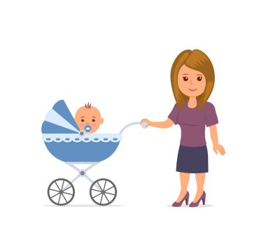  Yürümeye başlayan çocuk arabası içinde annesiyle. Anne ve bebek beyaz arka plan üzerinde izole. Bebek Puseti içinde oturma. Annelik. Bir bebek arabası ile yürüyüş anne.