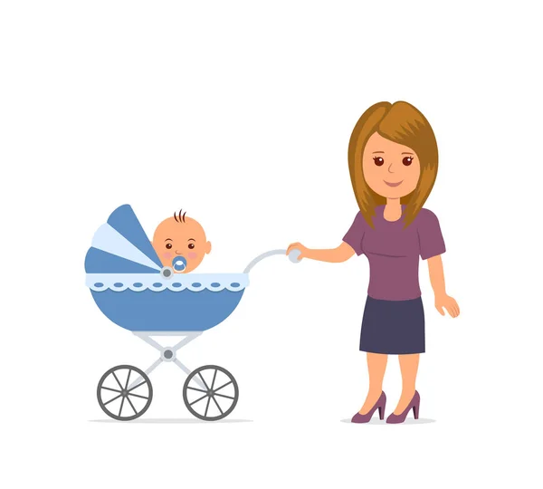 Mother with toddler in the pram. Mom and baby isolated on the white background. Baby sitting in stroller. Motherhood. Mother walking with a stroller. — Stock Vector