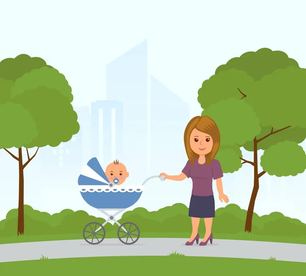 Mamma e bambino in carrozzina a fare una passeggiata nel parco della città. Una carrozzina. Mamma che cammina con una carrozzina. Illustrazione vettoriale in stile piatto . — Vettoriale Stock