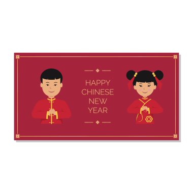 Şablon tebrik kartı ile Çin yeni yılı. Çince Zarf için konsept tasarımı. Çin Ulusal elbise çocuklarda mutlu bir yeni yıl diliyorum. Vektör çizim.