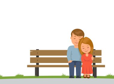 Erkek ve kız bir bankta oturan sarılma. Bankta oturan beyaz arka plan çift izole. Düz stil vektör çizim.