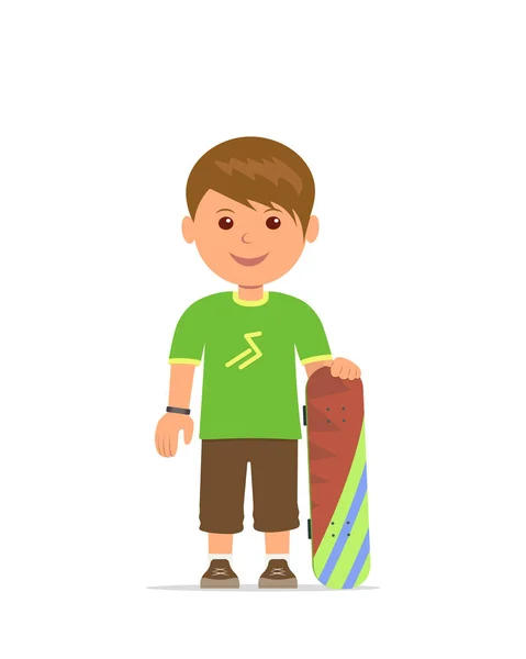 Chico de dibujos animados con un monopatín. El joven se está entrenando para patinar. Ilustración de diseño plano vectorial . — Vector de stock