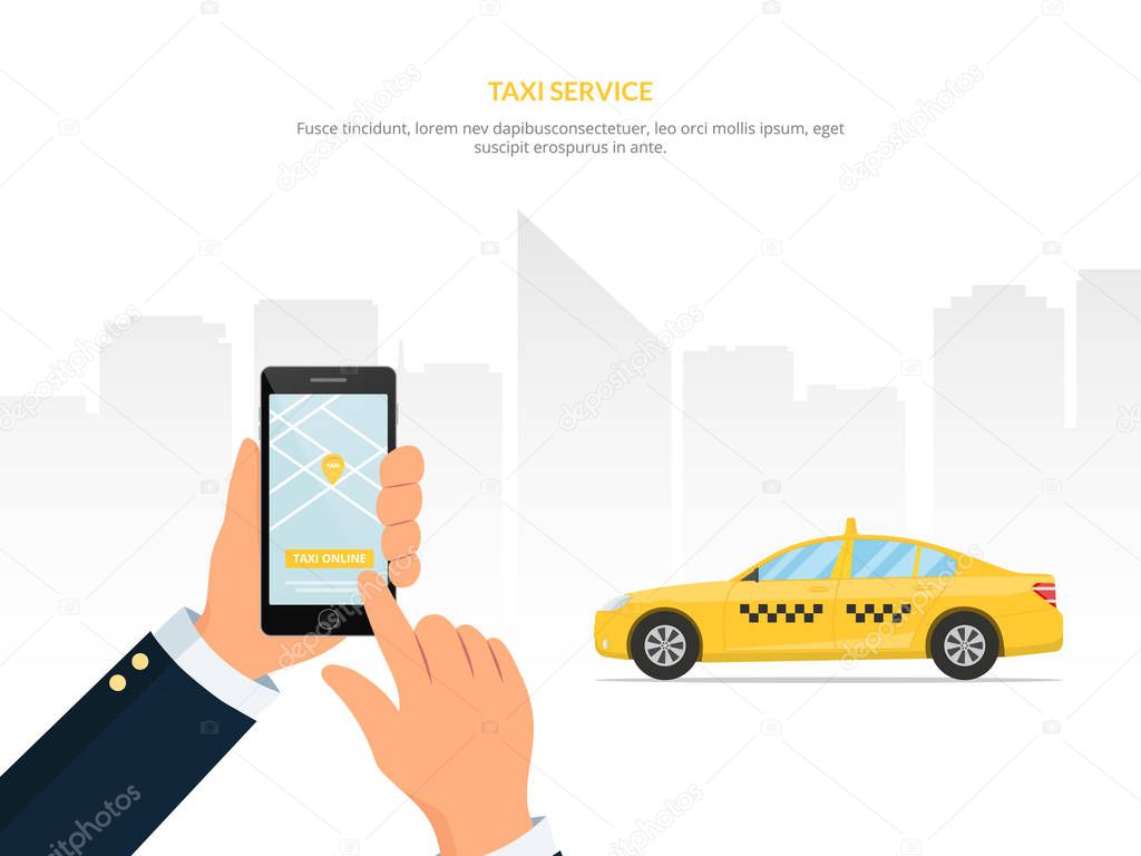 Close-up of a persons hand holds smartphone for booking taxi service. City skyline and taxi car on the background. Mobile App. Vector illustration in flat style.