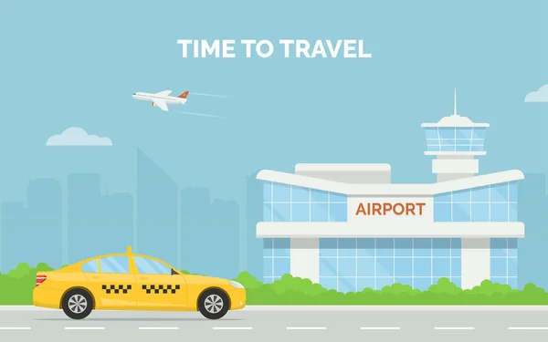 Vízszintes rajzfilm banner a repülőtéri terminál taxi és egy repülőgép vesz le a háttérben a városra. Vektor lapos kivitel illusztrációja modern repülőtér és taxi szolgáltatás. — Stock Vector