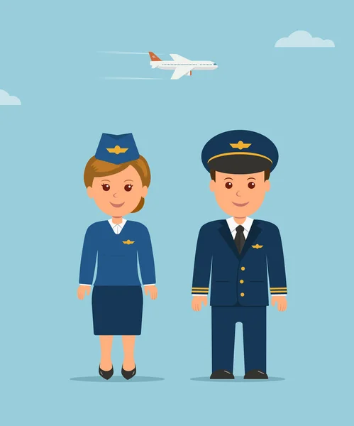 Desenhos animados personagens stewardess e piloto. Piloto vertical de ilustrações planas e aeromoça em uniforme no fundo de um avião voador . —  Vetores de Stock