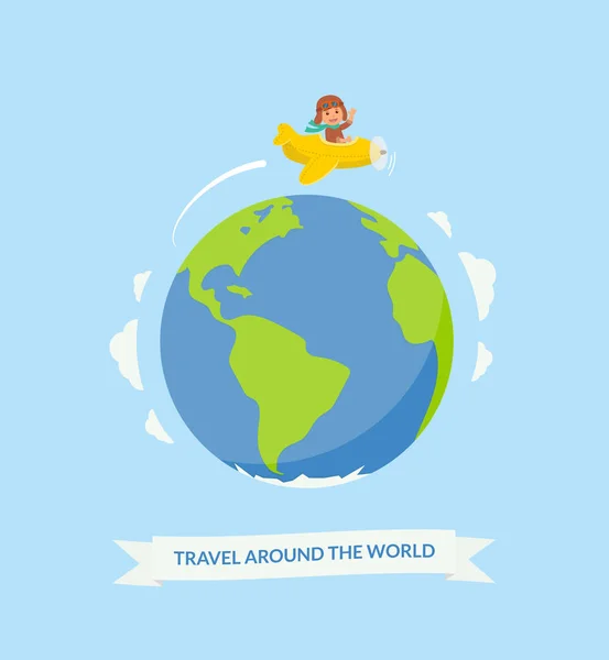 Rapaz dos desenhos animados a andar de avião pelo mundo. Viagem aérea. Piloto bonito em um avião amarelo voando sobre o planeta Terra. Ilustração vetorial em estilo plano . —  Vetores de Stock