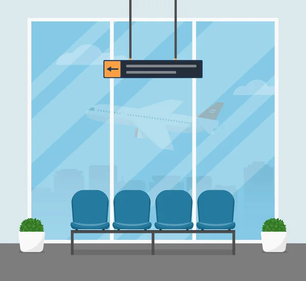 在机场的等候室。现代室内等待出发的乘客与蓝色扶手椅兴建新机场。在平面样式矢量插图. — 图库矢量图片
