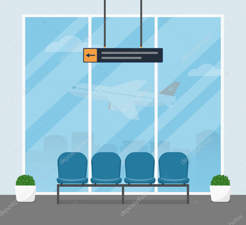 The waiting room at the airport. Modern interior of the airport building with blue armchairs for passengers awaiting departure. Vector illustrations in a flat style.