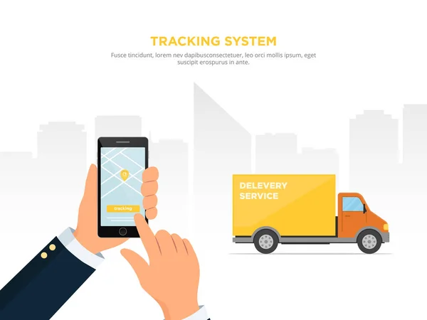 Close-up of a persons hand holds smartphone for tracking delivery. City skyline and truck on the white background. Tracking system. Mobile App. Vector illustration in flat style. — Stock Vector