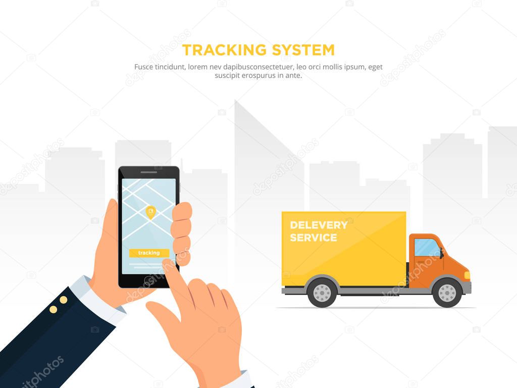 Close-up of a persons hand holds smartphone for tracking delivery. City skyline and truck on the white background. Tracking system. Mobile App. Vector illustration in flat style.