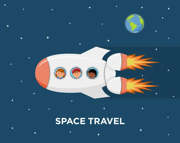 Travel on a spaceship. Astronauts children in outer space. Cartoon background childrens dreams of becoming astronauts and flying in space. Vector illustration in flat style. — Stock Vector