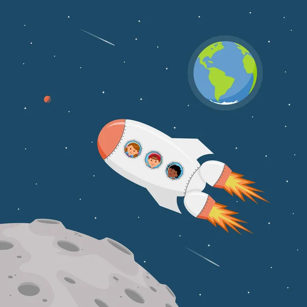 Viaja en una nave espacial. Astronautas niños en el espacio exterior. Fondo de dibujos animados niños sueñan con convertirse en astronautas y volar en la nave espacial. Ilustración vectorial en estilo plano . — Vector de stock
