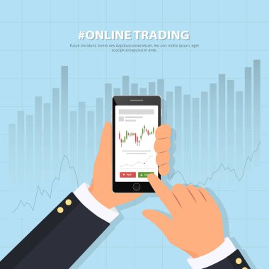 Çevrimiçi işlem teknolojisi. Bir kişi el Close-Up smartphone ile ticaret grafikler tutar. İkili seçenekleri. Yatırım. Online Ticaret Borsası'nda banner. Düz vektör çizim.