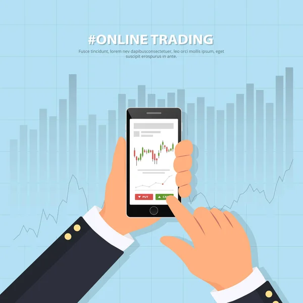 Online trading technology. Close-up of a persons hand holds smartphone with trade graphs. Binary options. Investing. Banner online trading on stock exchange. Flat vector illustration. — Stock Vector