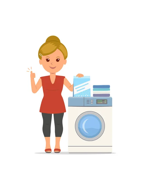 Vector cartoon mulher dona de casa lava roupas na máquina de lavar roupa . —  Vetores de Stock