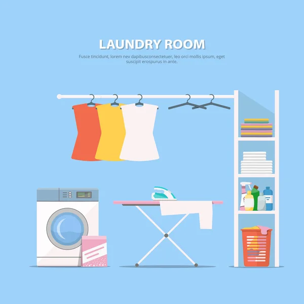 Cuarto de lavado con lavadora, armario con la química del hogar y ropa limpia. Concepto de lavandería interior en estilo plano . — Vector de stock