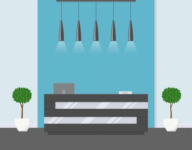 Modern ofis resepsiyonda. İş ofis, klinik veya otel çiçekler ve Resepsiyon ile mavi renklerde iç.