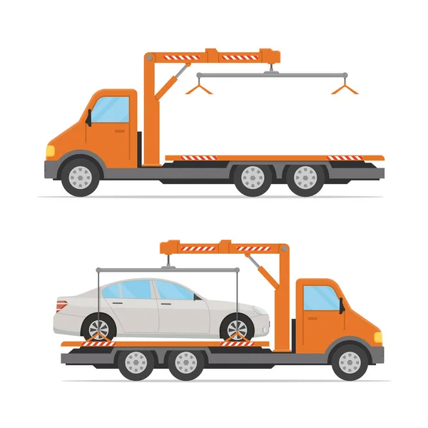 Σύνολο της ρυμούλκησης φορτηγών που απομονώνονται σε λευκό φόντο. Φορτηγό ρυμούλκησης κενό και φορτωμένο. Προμελέτη της παροχής οδικής βοήθειας σε μια επίπεδη στυλ. Εικονογράφηση διάνυσμα. — Διανυσματικό Αρχείο