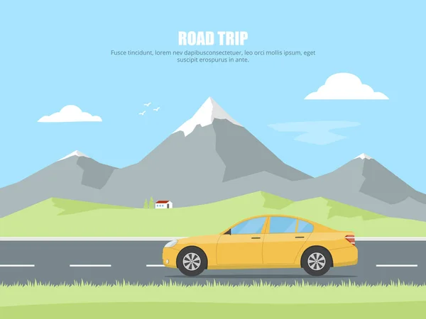 Motorvägen enhet med bergslandskap. Bil rider på en motorväg i bakgrunden av ett bergslandskap. Begreppet bilsemester. Friluftsliv och rekreation. — Stock vektor