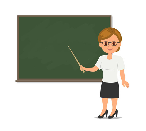Teacher stands at the blackboard in classroom. Cute woman teacher in glasses with pointer isolated on white background. Vector illustration in flat style.