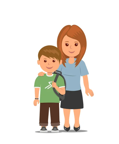Mamma e bambino. Una famiglia felice. Schoolboy e sua madre isolati su sfondo bianco. Elemento di educazione infografica e formazione del bambino . — Vettoriale Stock