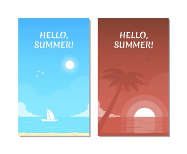 Yelkenli yat ile deniz manzarası. Palmiye ağacı Sunset'teki silueti ile tropikal plaj.