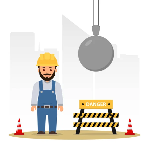 Builder at a construction site. Demolition of the building. Wrecking ball. — Stock Vector