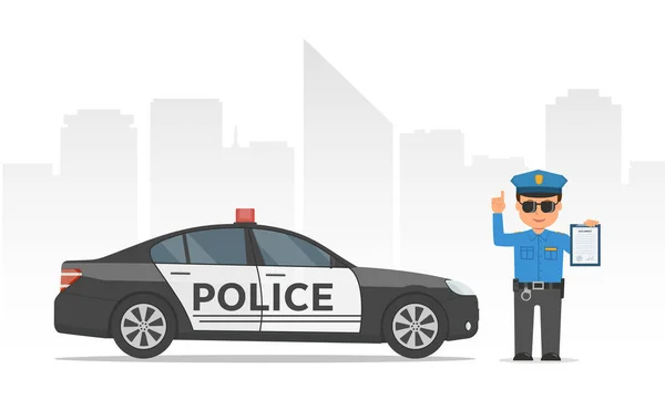 Traffic policeman holding clipboard. Cartoon policeman and police car on urban skyscrapers background. — Stock Vector