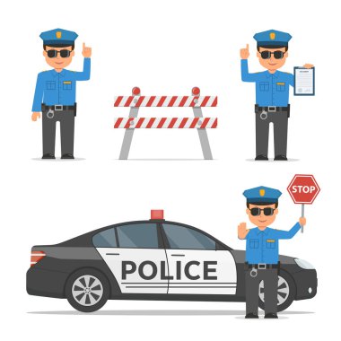 Bir polis memurunu karikatür karakter kümesi. Trafik Polis farklı teşkil etmektedir. Polis arabası ve polis barikat. Düz stil vektör çizim.
