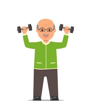 Bir spor takım elbise trenler dumbbells ile yaşlı adam. Etkin ve sağlıklı yaşam tarzı.