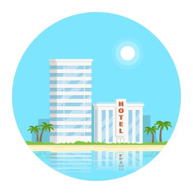 Sahilde otel ile konsept tasarım daire kompozisyon. Plaj manzarası kavramı. Yaz tatili.