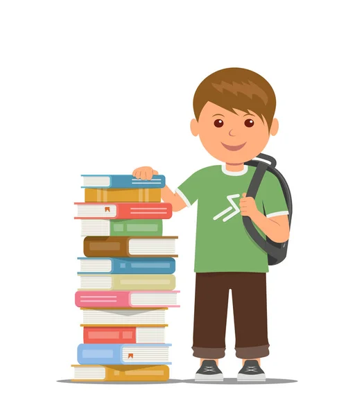 Шкільний хлопчик зі шкільною сумкою стоїть поруч зі стосом книг. Навчання та самоосвіта . — стоковий вектор